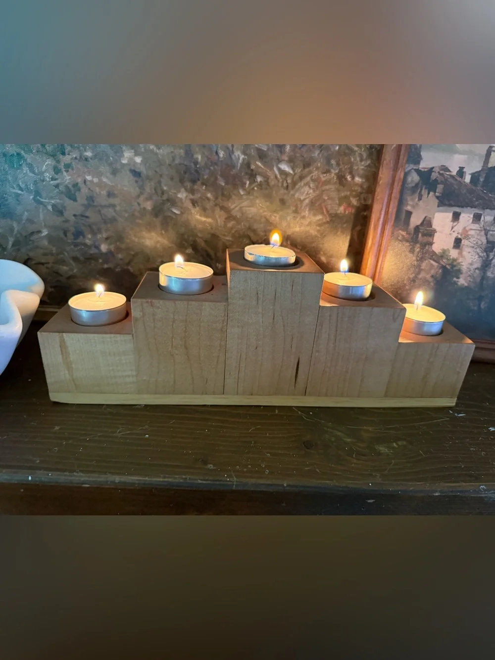 Wooden Stair-Step Tea Light Candle Holder in Natural Wood